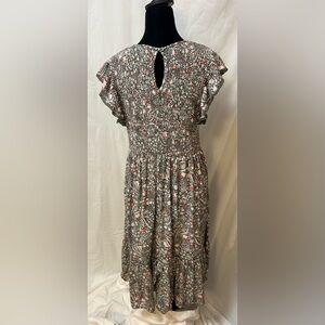 Floral Smocked Olive Green Pattern Dress with Ruffle Sleeves